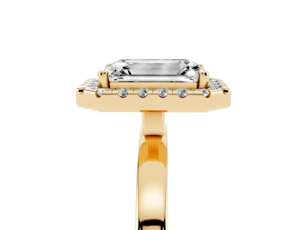 Emerald Cut Halo Diamond Solitaire with Pavé Band and Four-Prong Setting Yellow gold