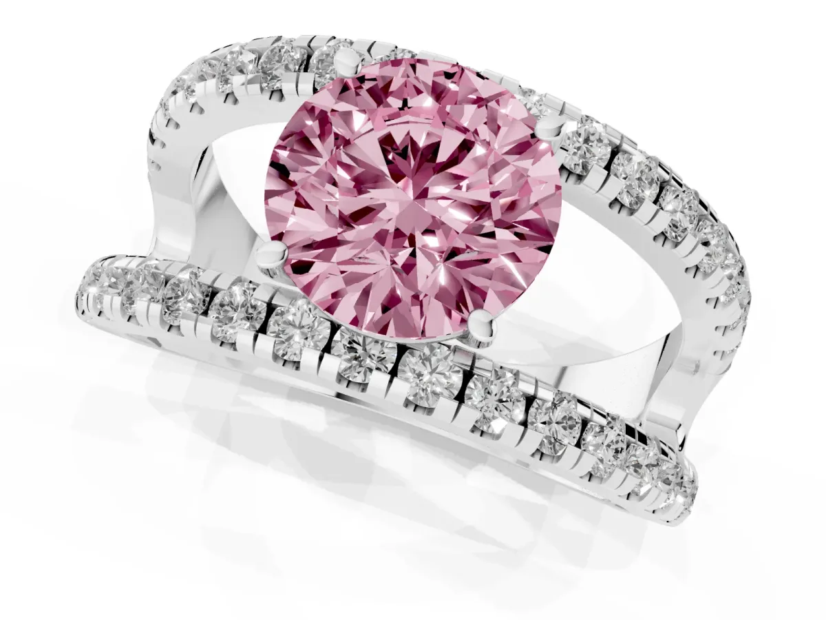 Fancy Pink Round Cut Solitaire Split Shank Pave Diamond Ring Silver