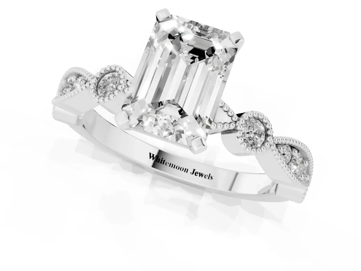 Emerald Cut Milgrain Bezel Diamond Engagement Ring with Solitaire Prong Setting Silver