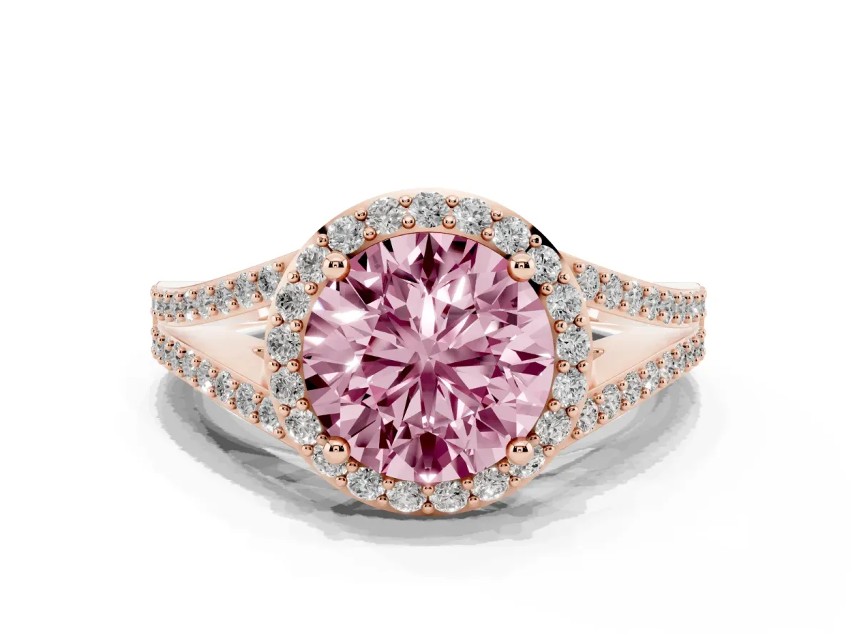 Fancy Pink Round Cut Halo Split Shank Diamond Ring with Prong Setting Rose gold