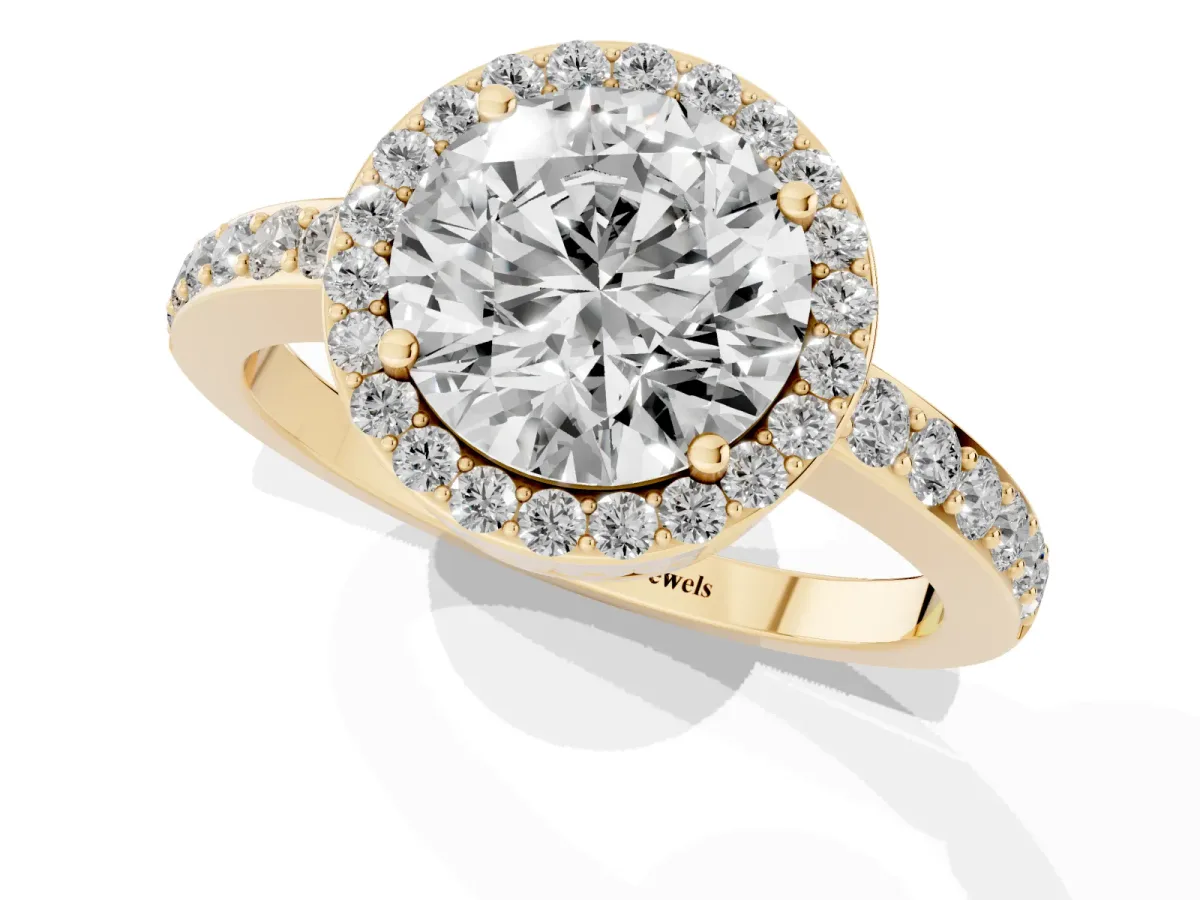 Round Cut Halo Diamond Pavé Band Ring with Prong Setting Yellow gold