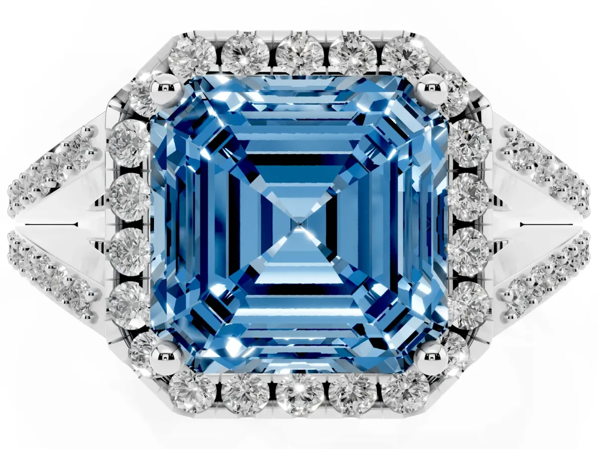 Fancy Blue Asscher Cut Halo Split Shank Diamond Ring with Prong Setting Platinum