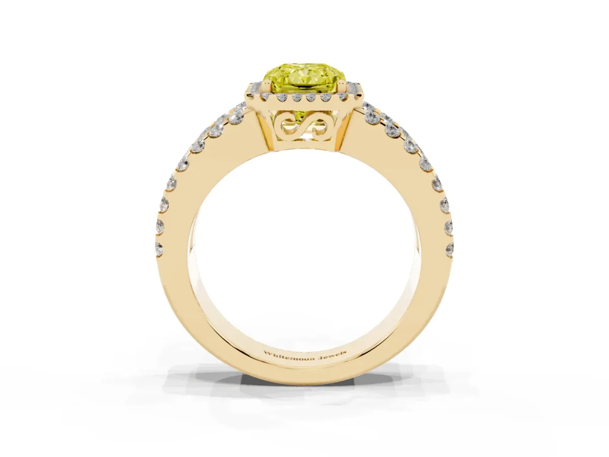 Fancy Yellow Radiant Cut Cut Halo Split Shank Diamond Ring with Four-Prong Setting Yellow gold