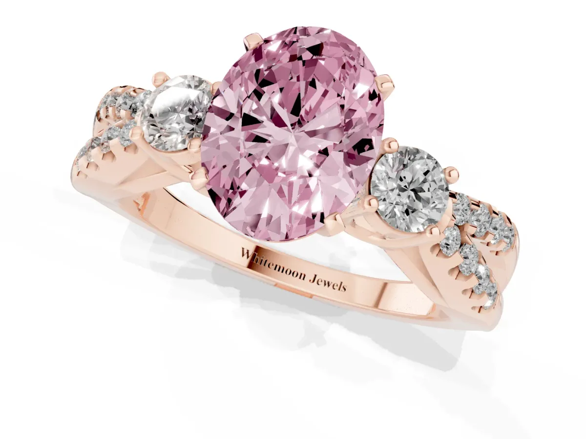 Fancy Pink Oval Cut Diamond Three-Stone Ring with Pavé Split Shank and Four-Prong Setting Rose gold