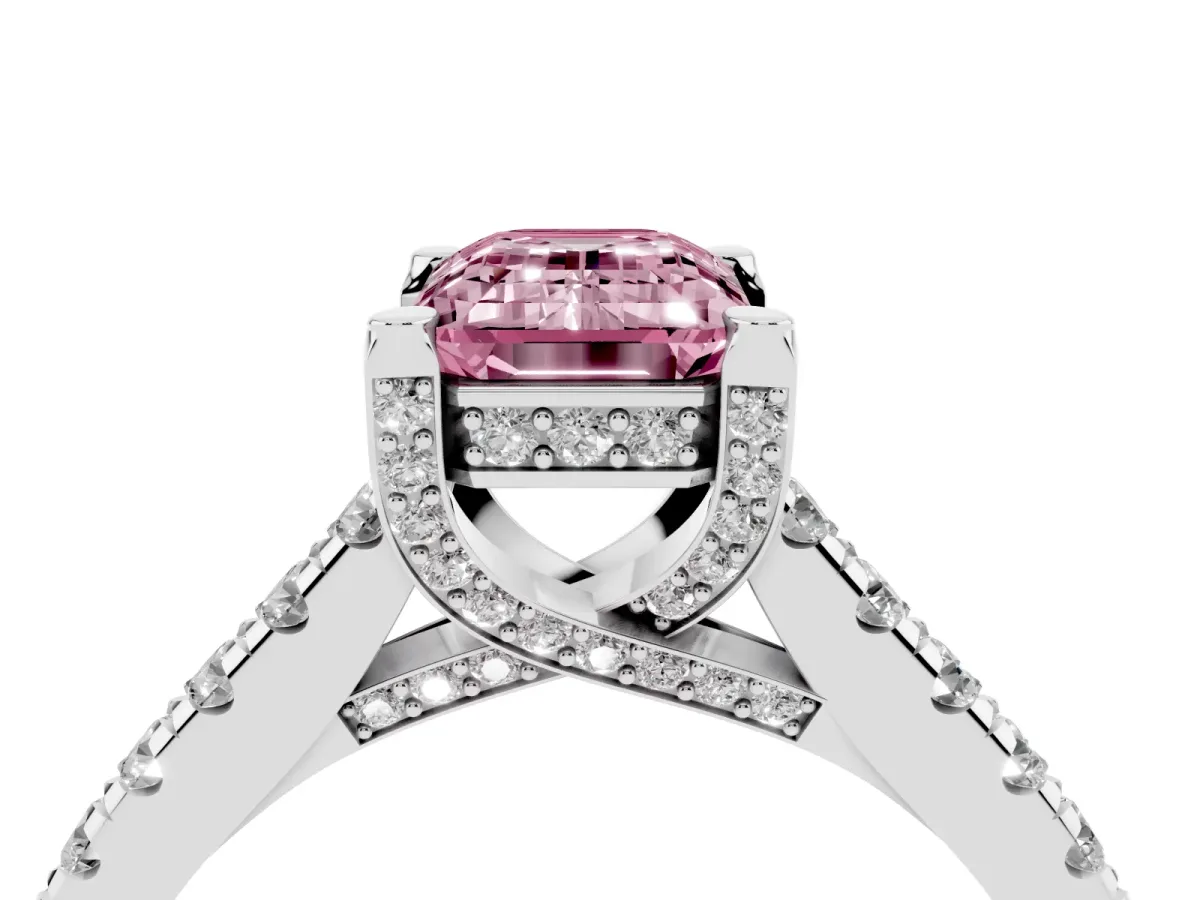 Fancy Pink Emerald Cut Brilliant Diamond Solitaire with Pavé Band and Four-Prong Setting White gold