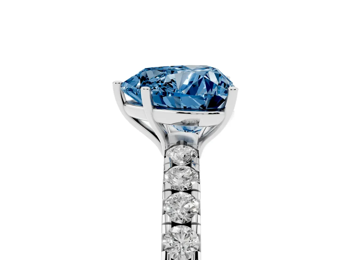 Fancy Blue Heart Cut Diamond Pavé Solitaire Engagement Ring with Four-Prong Setting Silver