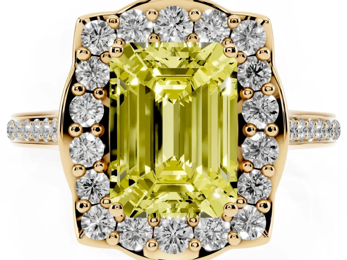 Fancy Yellow Emerald Cut Halo Round Diamond Pave Band with Four-Prong Setting Yellow gold