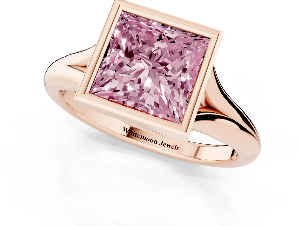 Fancy Pink Bezel Set Princess Cut Solitaire Diamond Ring with Smooth Band Rose gold