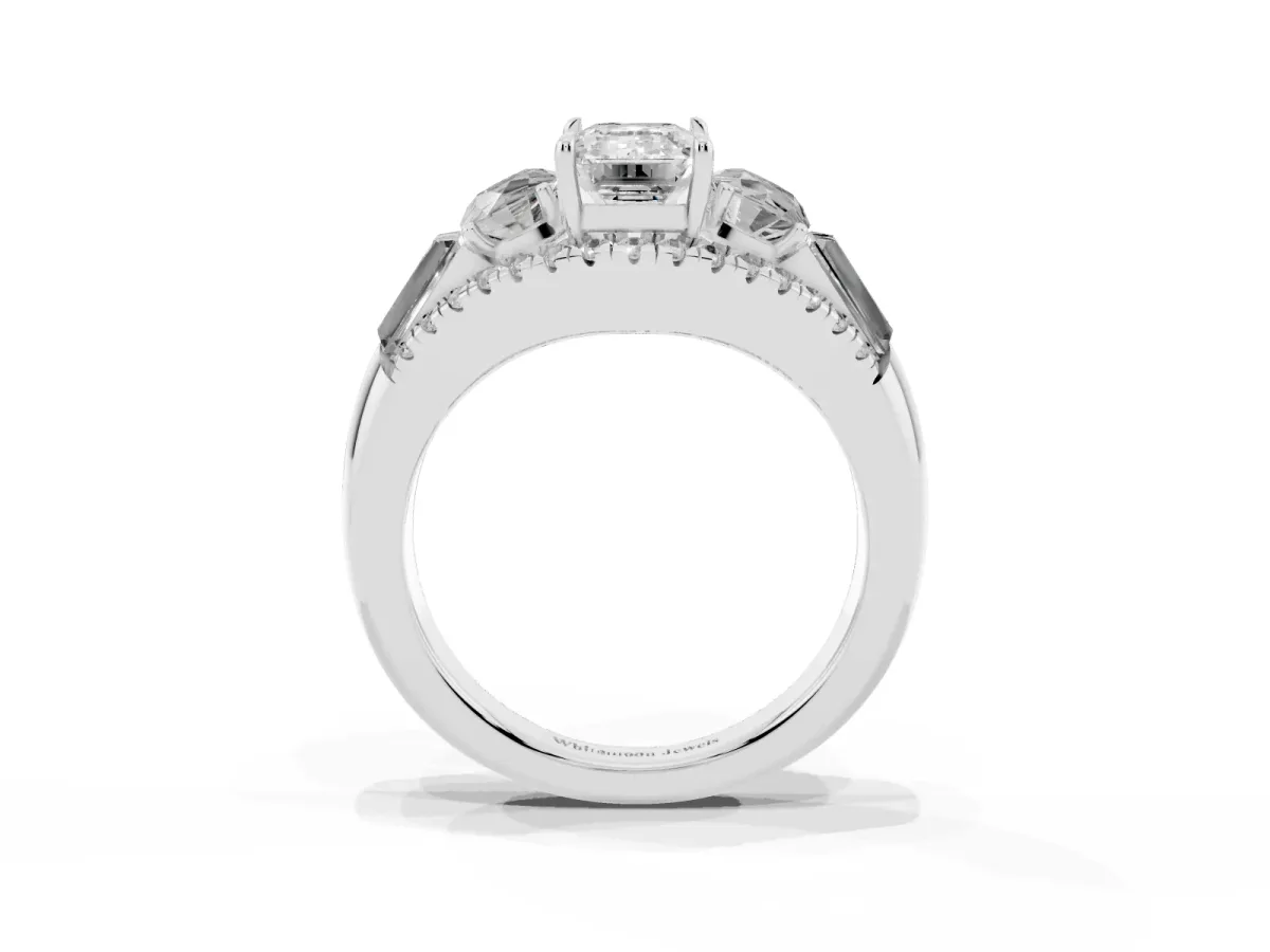 Three-Stone Emerald Cut Diamond Engagement Ring with Pave Band and Prong Setting Silver