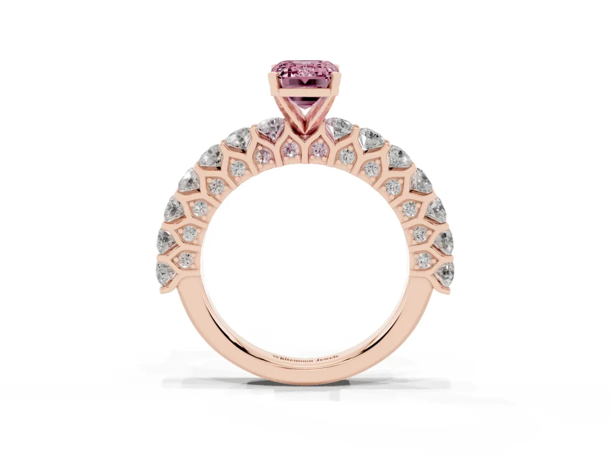 Fancy Pink Emerald Cut Diamond Solitaire Ring with Shared Prong Pavé Band and Four-Prong Setting Rose gold