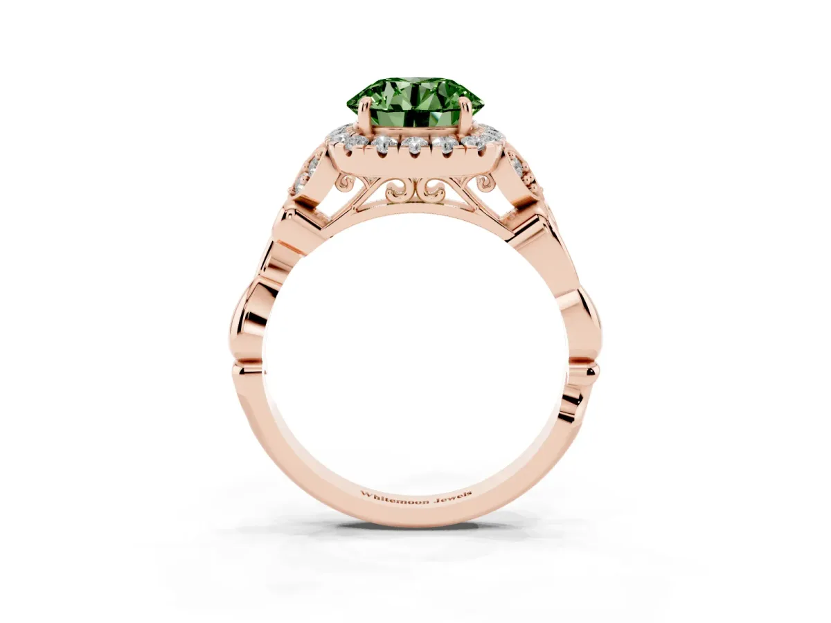 Fancy Green Round Cut Halo Diamond Engagement Ring with Vintage-Inspired Band and Four-Prong Setting Rose gold