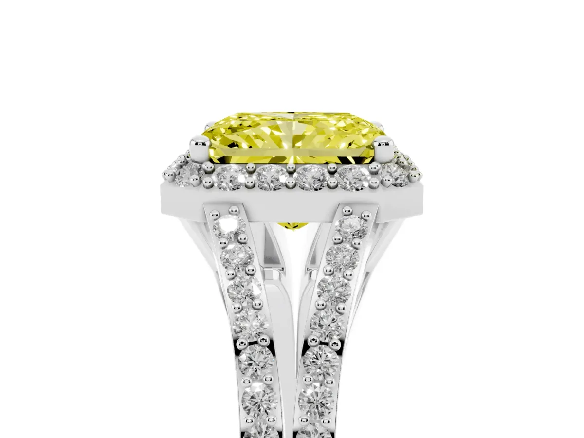 Fancy Yellow Radiant Cut Halo Split Shank Diamond Ring with Prong Setting Silver