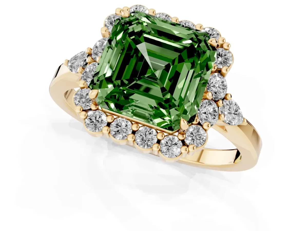 Fancy Green Asscher Cut Diamond Halo Ring with Pear Side Stones and Prong Setting Yellow gold