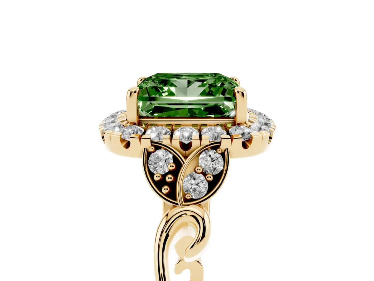 Fancy Green Princess Cut Halo Diamond Engagement Ring with Vintage-Inspired Band and Four-Prong Setting Yellow gold