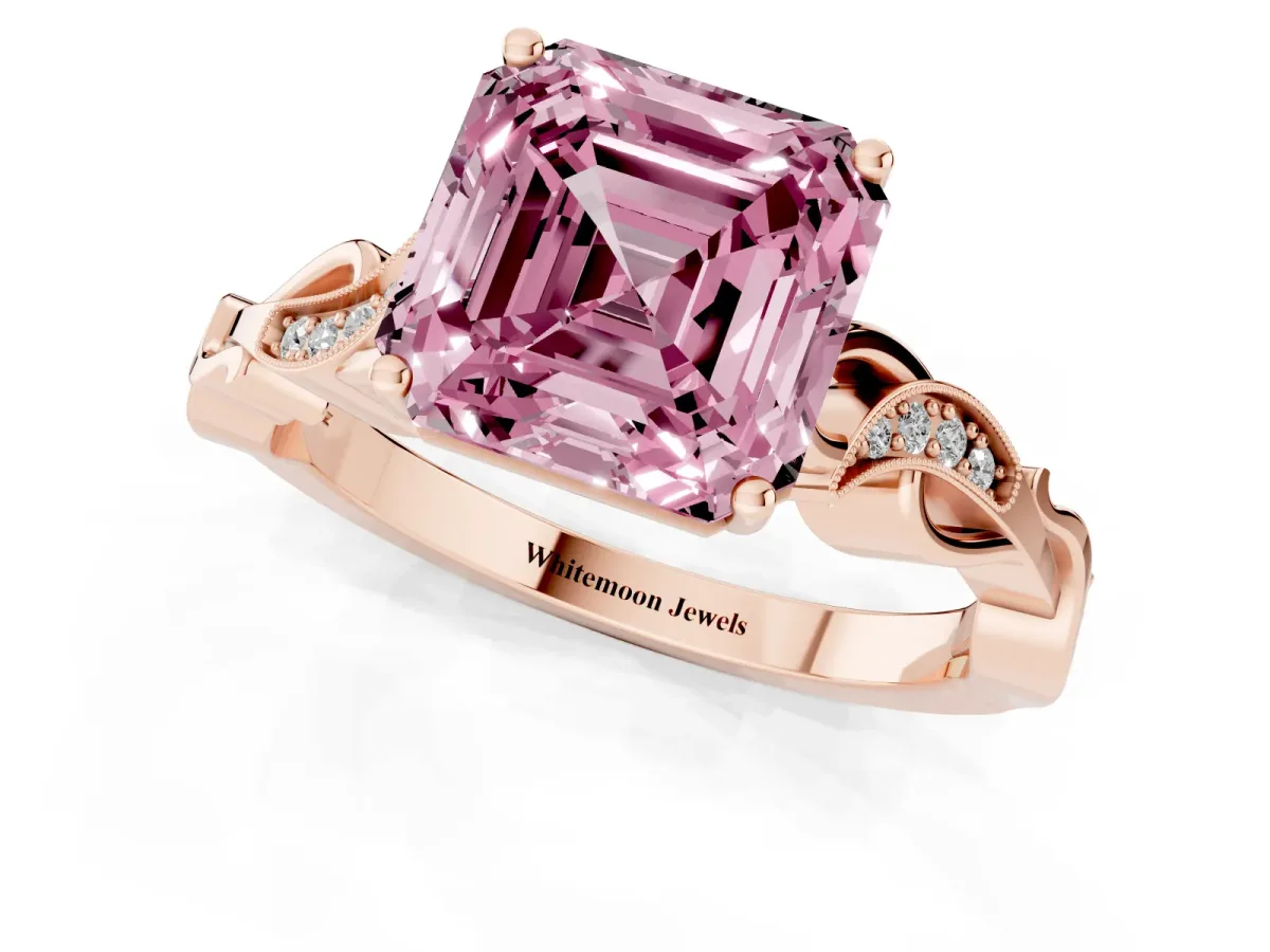Fancy Pink Asscher Cut Solitaire Vine Band with Milgrain Prong Setting Rose gold