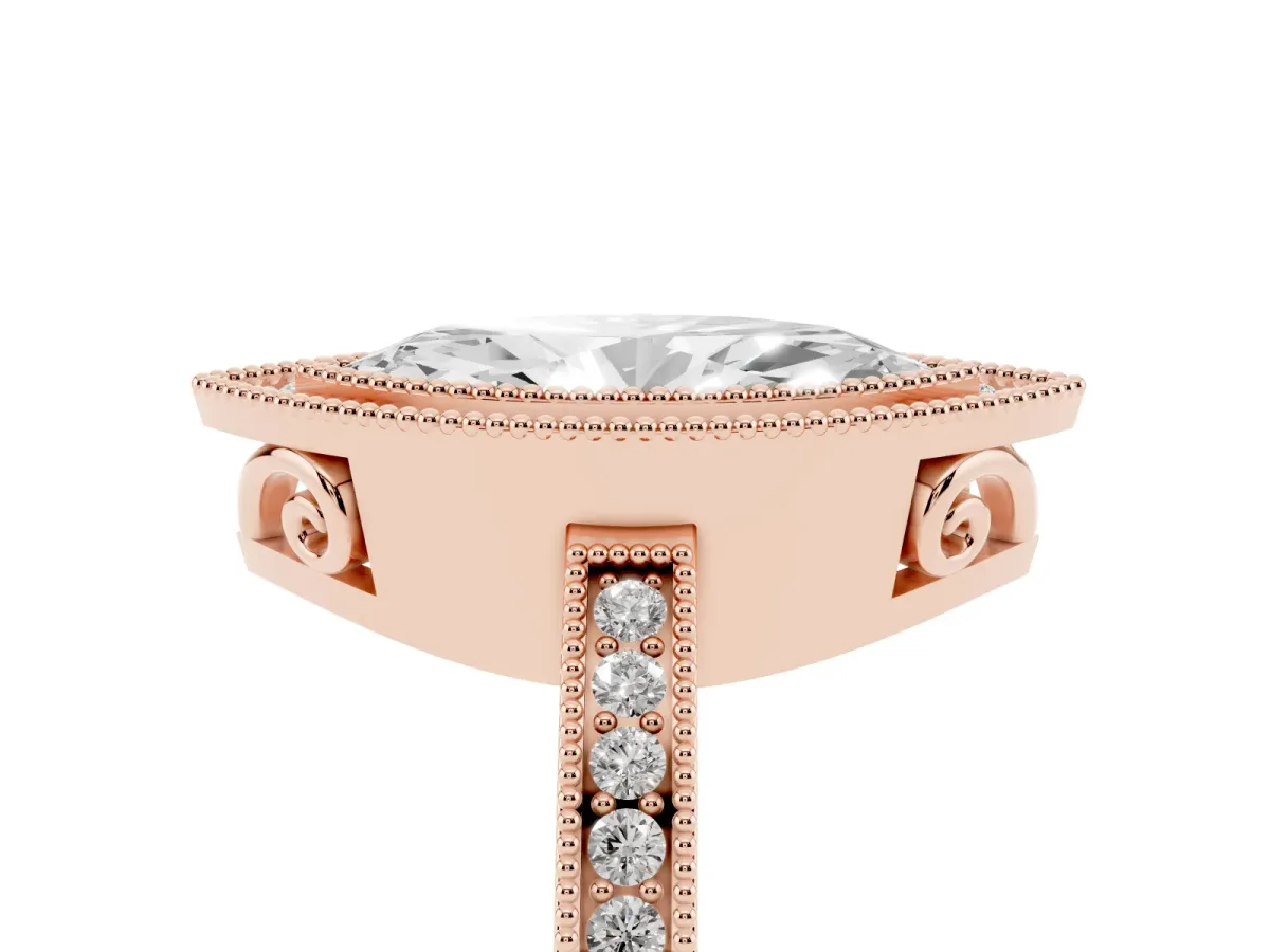 Marquise Cut Cut Halo Diamond Ring with Pavé Band and Milgrain Prong Setting Rose gold
