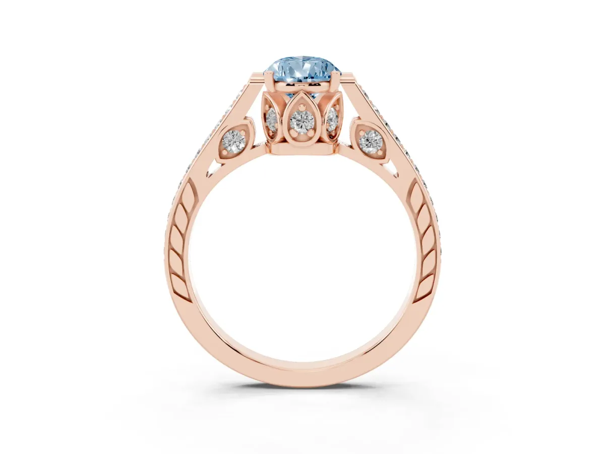 Fancy Blue Pear Cut Cut Cathedral Pave Diamond Engagement Ring with Six-Prong Setting Rose gold