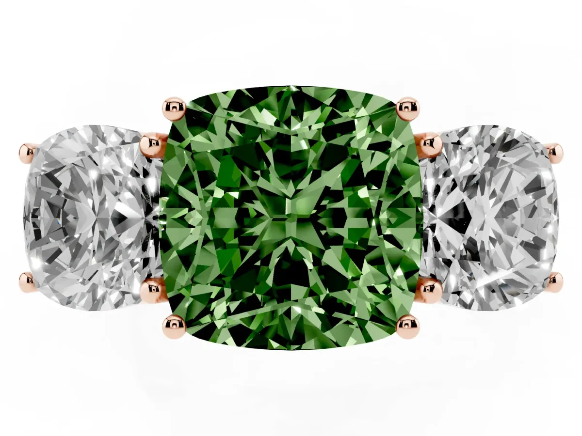 Fancy Green Three-Stone Cushion Cut Diamond Braided Band Ring with Four-Prong Setting Rose gold