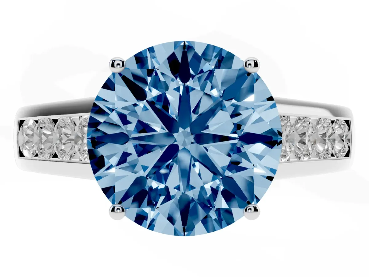 Fancy Blue Round Cut Brilliant Channel-Set Solitaire Ring with Four-Prong Setting Platinum