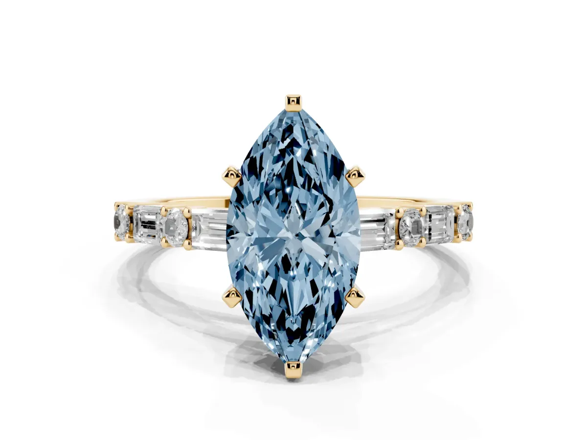 Fancy Blue Marquise Cut Diamond Solitaire with Side Baguettes and Channel Set Band Yellow gold