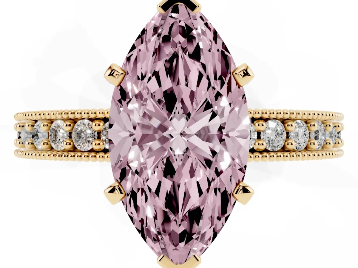 Fancy Pink Marquise Cut Diamond Milgrain Pavé Engagement Ring with Four-Prong Setting Yellow gold
