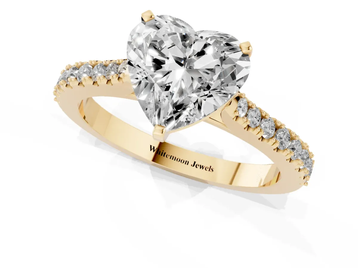 Heart Cut Cut Solitaire Diamond Engagement Ring with Pave Band and Four-Prong Setting Yellow gold