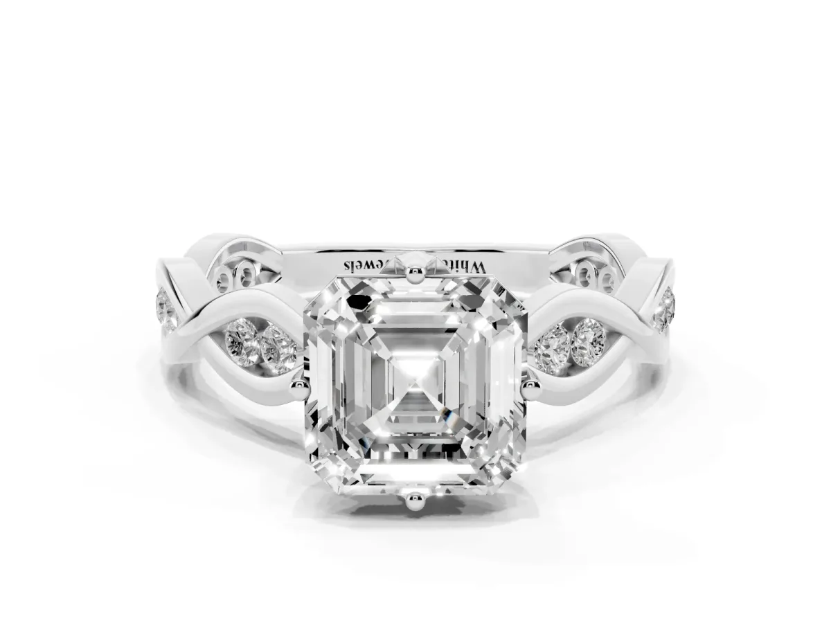 Asscher Cut Solitaire Twist Band with Leaf Prong Setting Platinum