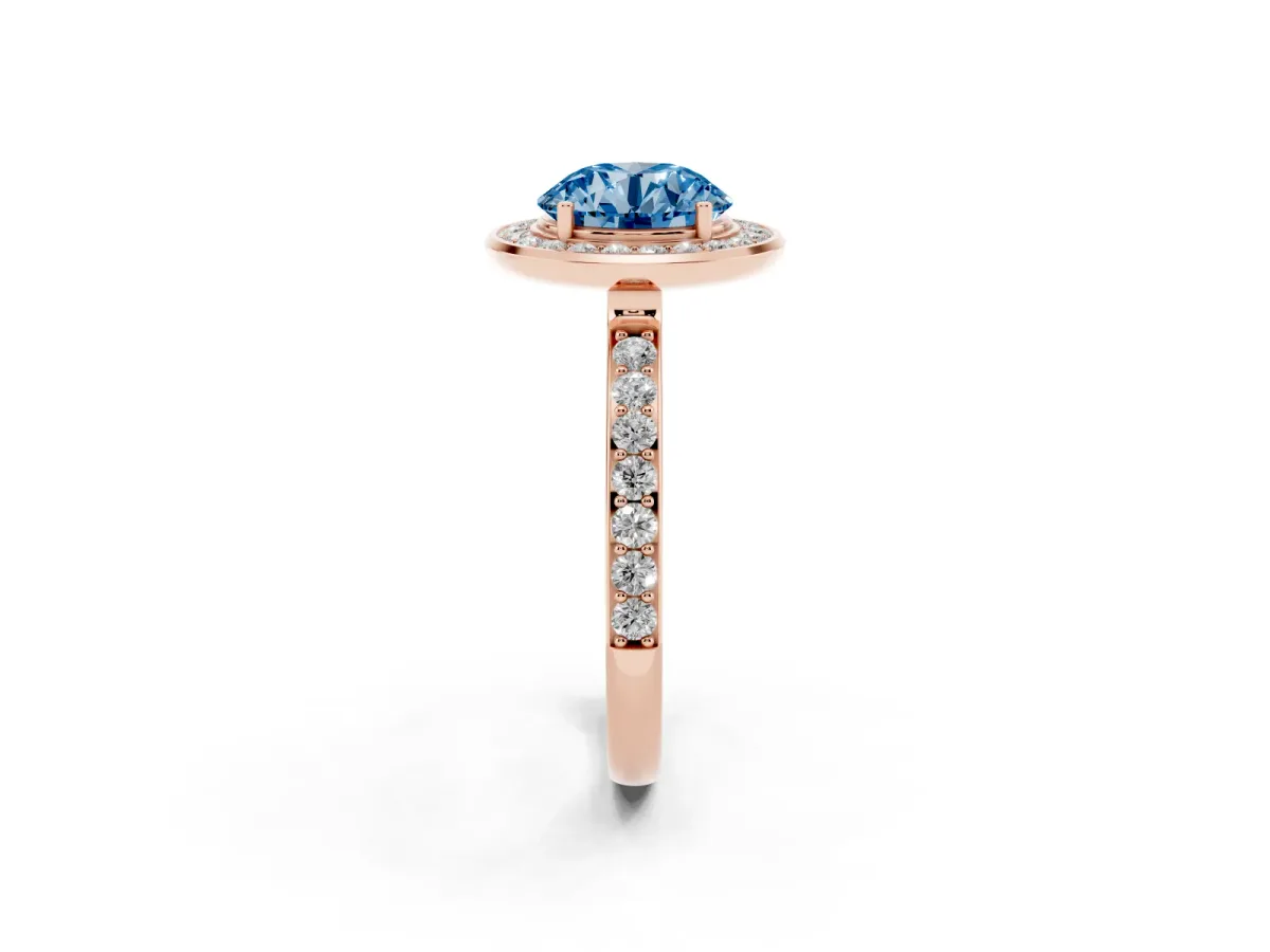 Fancy Blue Round Cut Diamond Halo Ring with Bezel Frame and Pavé Band Rose gold