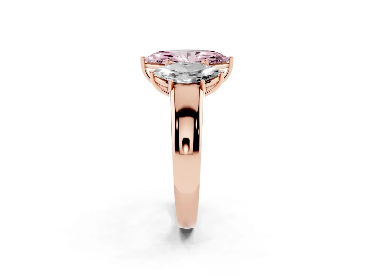 Fancy Pink Three-Stone Marquise Cut Cut Diamond Ring with Prong Setting and Classic Band Rose gold