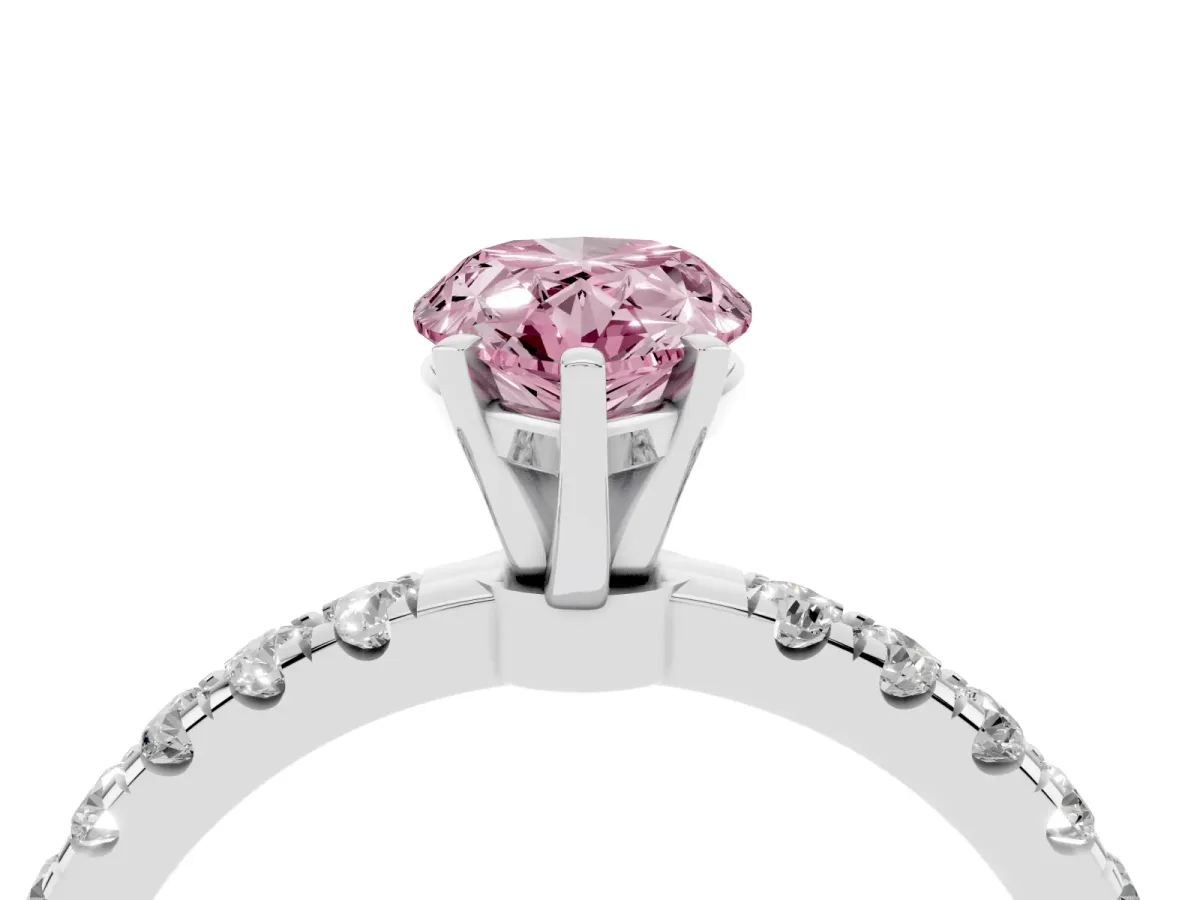 Fancy Pink Pear Cut Diamond Solitaire Ring with Pavé Accents and Four-Prong Setting White gold