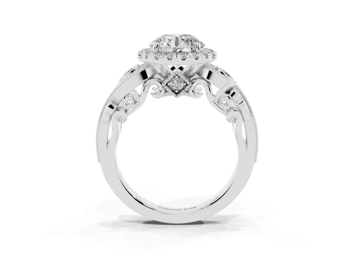 Round Cut Halo Diamond Ring with Milgrain and Bezel Accents on a Split Shank Band White gold