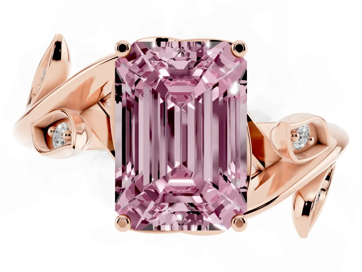Fancy Pink Emerald Cut Solitaire Twist Engagement Ring with Leaf Accents and Prong Setting Rose gold