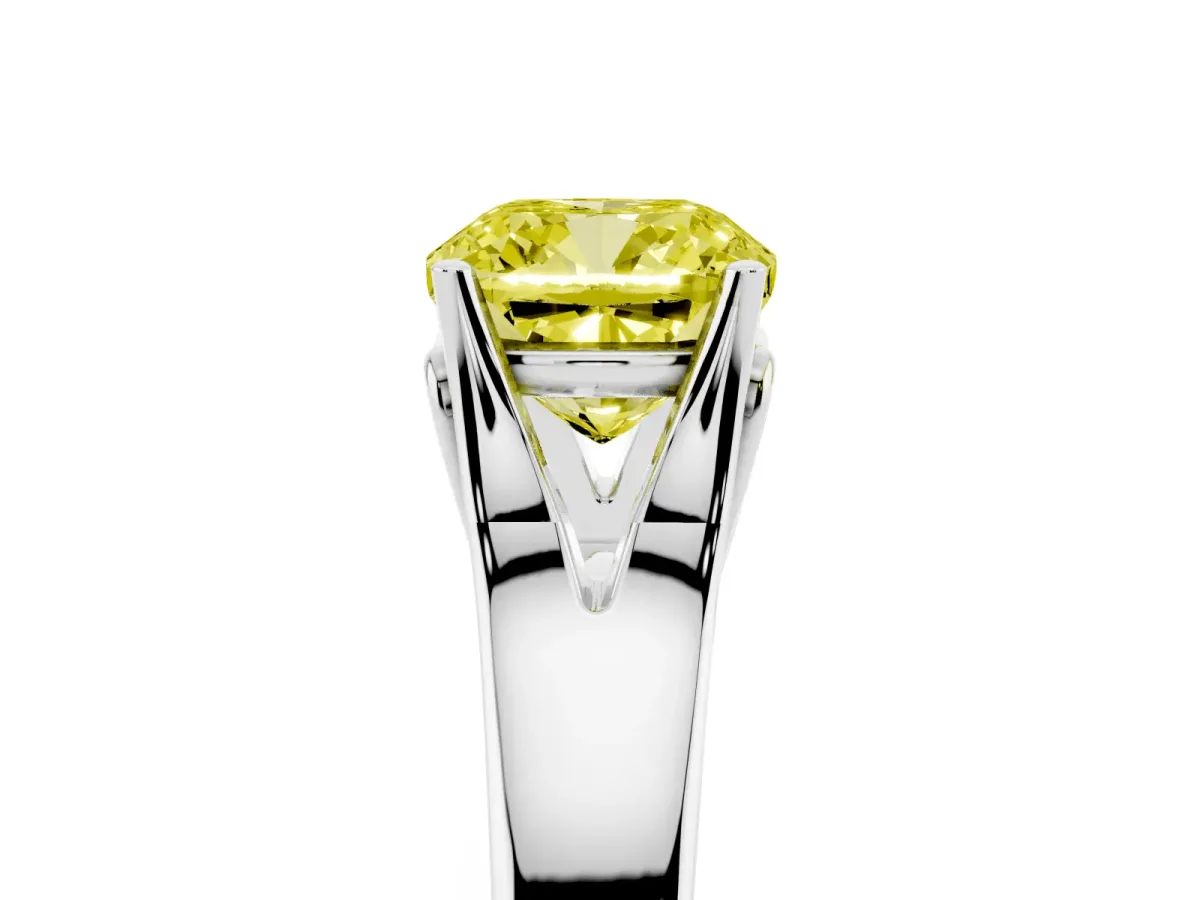 Fancy Yellow Cushion Cut Solitaire Diamond Ring with Cathedral Band and Four-Prong Setting Silver
