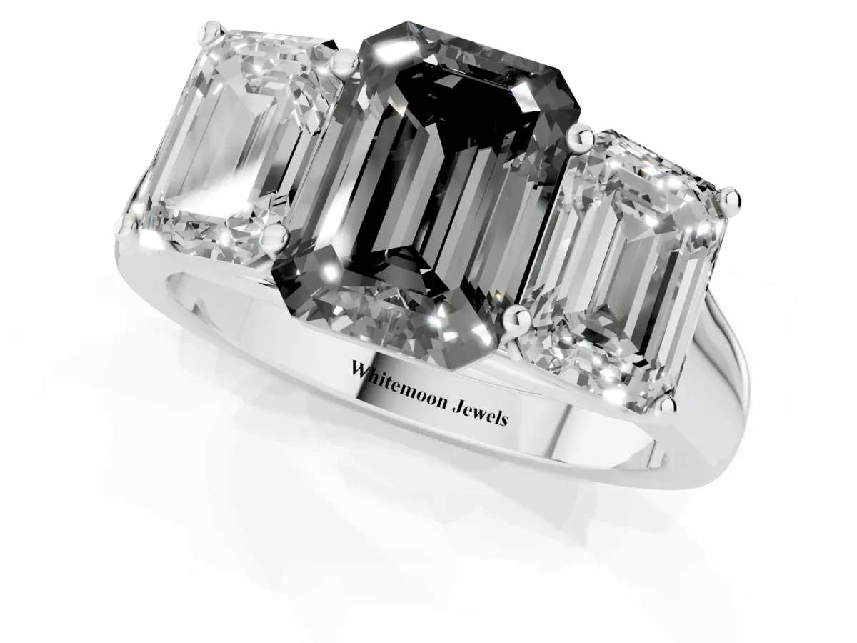 Fancy Black Emerald Cut Three-Stone Diamond Ring with Prong Setting on a Classic Band White gold