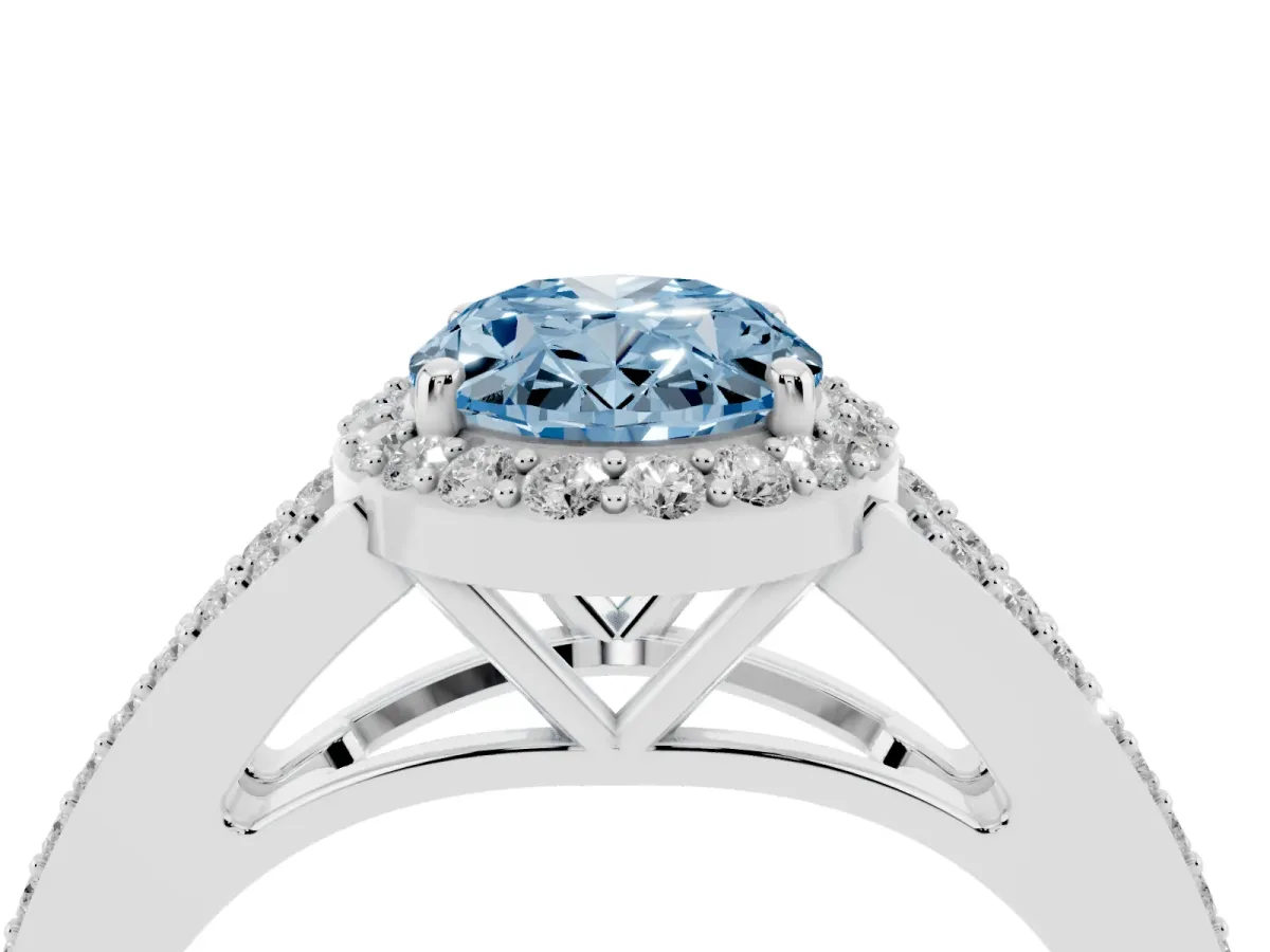Fancy Blue Oval Cut Halo Split Shank Diamond Ring with Prong Setting Platinum