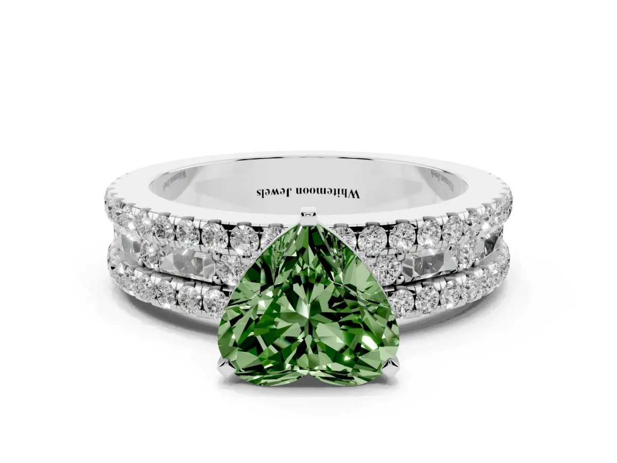 Fancy Green Heart Cut Diamond Solitaire Ring with Pavé and Channel Set Band Platinum