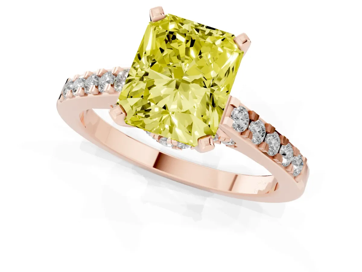 Fancy Yellow Radiant Cut Diamond Solitaire Ring with Crossover Gallery and Round Pavé Band Rose gold