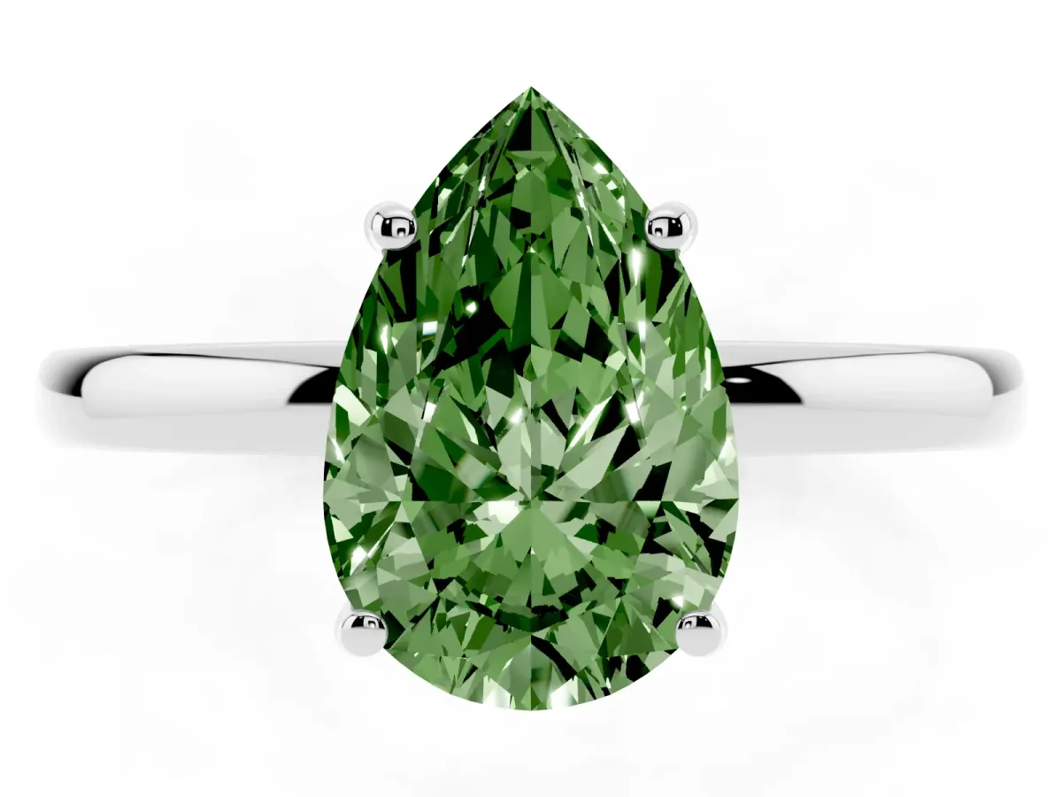 Fancy Green Pear Cut Solitaire Diamond Ring with Prong Setting and Plain Band White gold