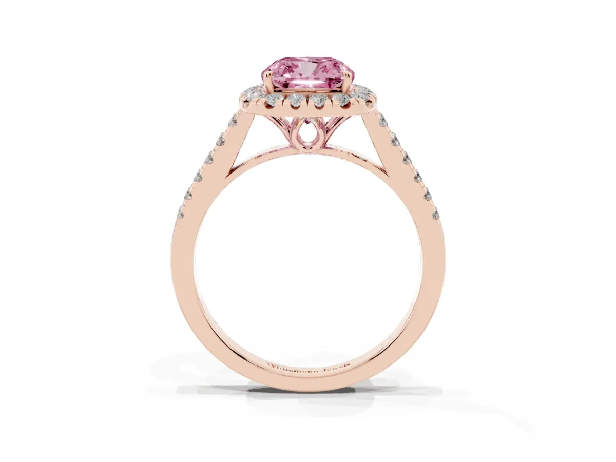 Fancy Pink Cushion Cut Halo Pavé Diamond Engagement Ring with Four-Prong Setting Rose gold