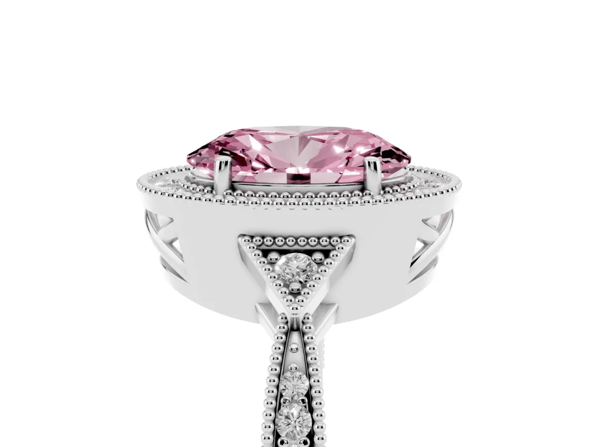 Fancy Pink Oval Cut Halo Round Diamond Milgrain Pave Engagement Ring Silver