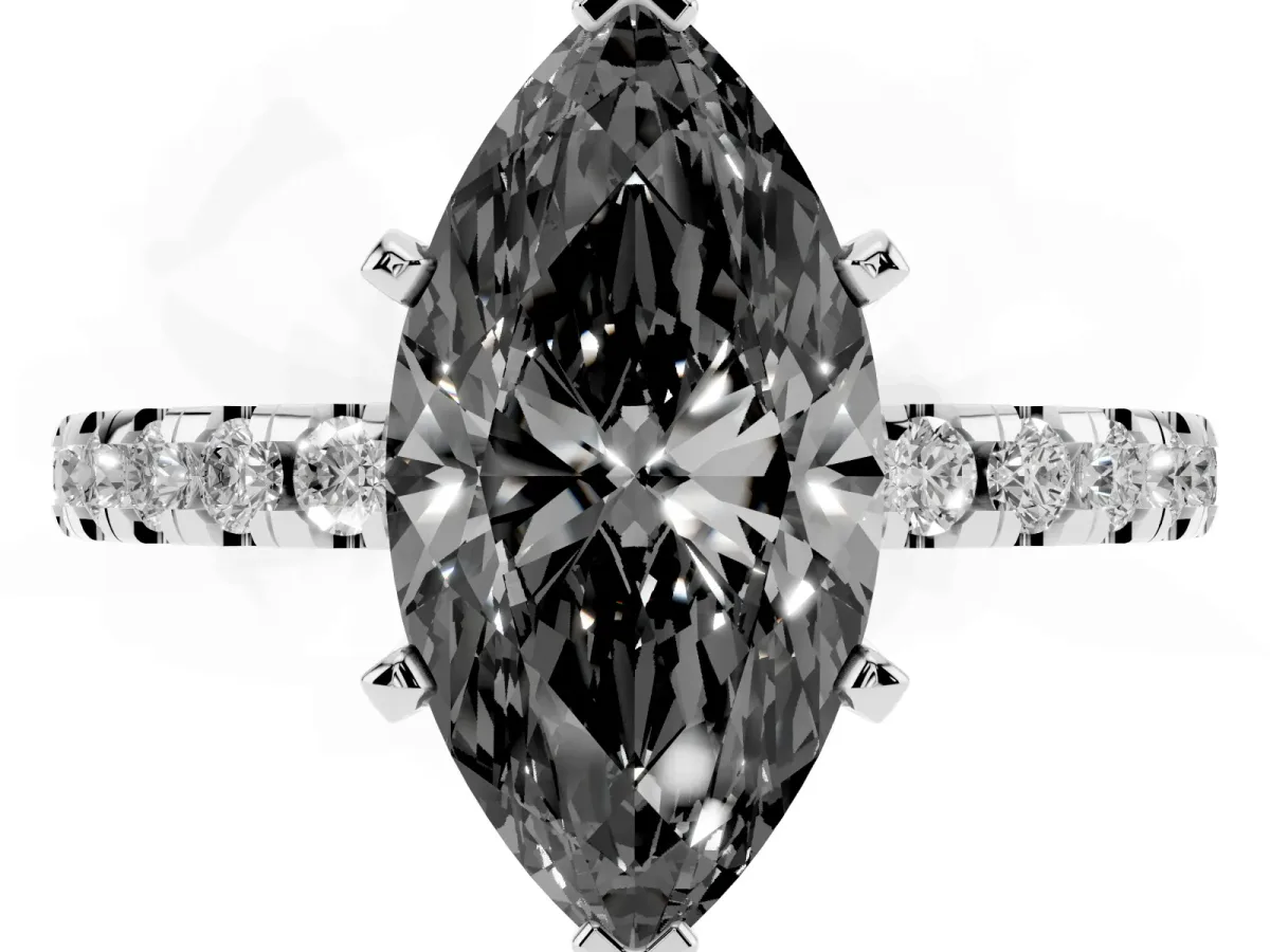 Fancy Black Marquise Cut Diamond Solitaire Ring with Round Pavé Band and Four-Prong Setting Silver