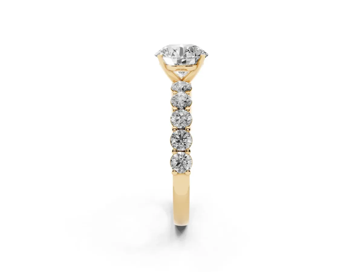 Round Cut Diamond Solitaire Ring with Shared Prong Round Side Stones Yellow gold