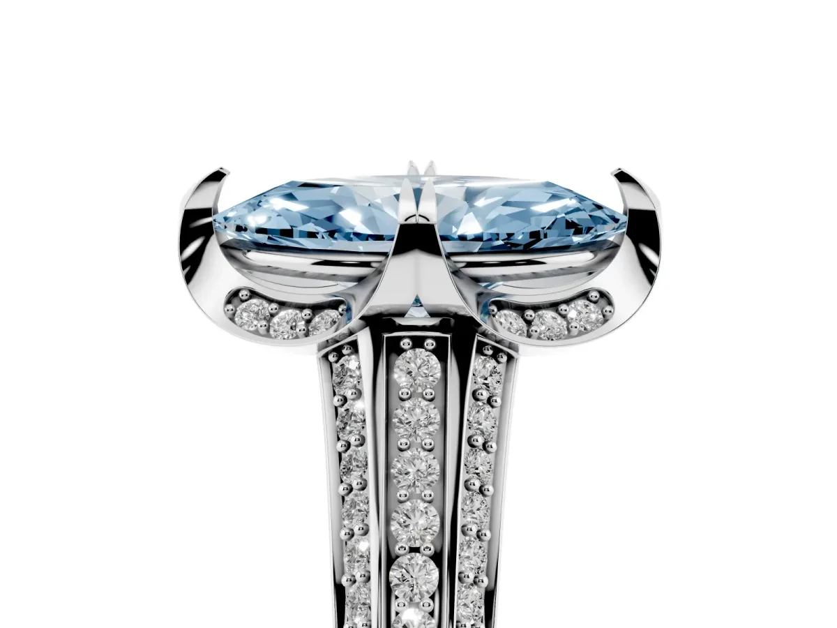 Fancy Blue Marquise Cut Solitaire Pave Split Shank Ring with Four-Prong Setting White gold