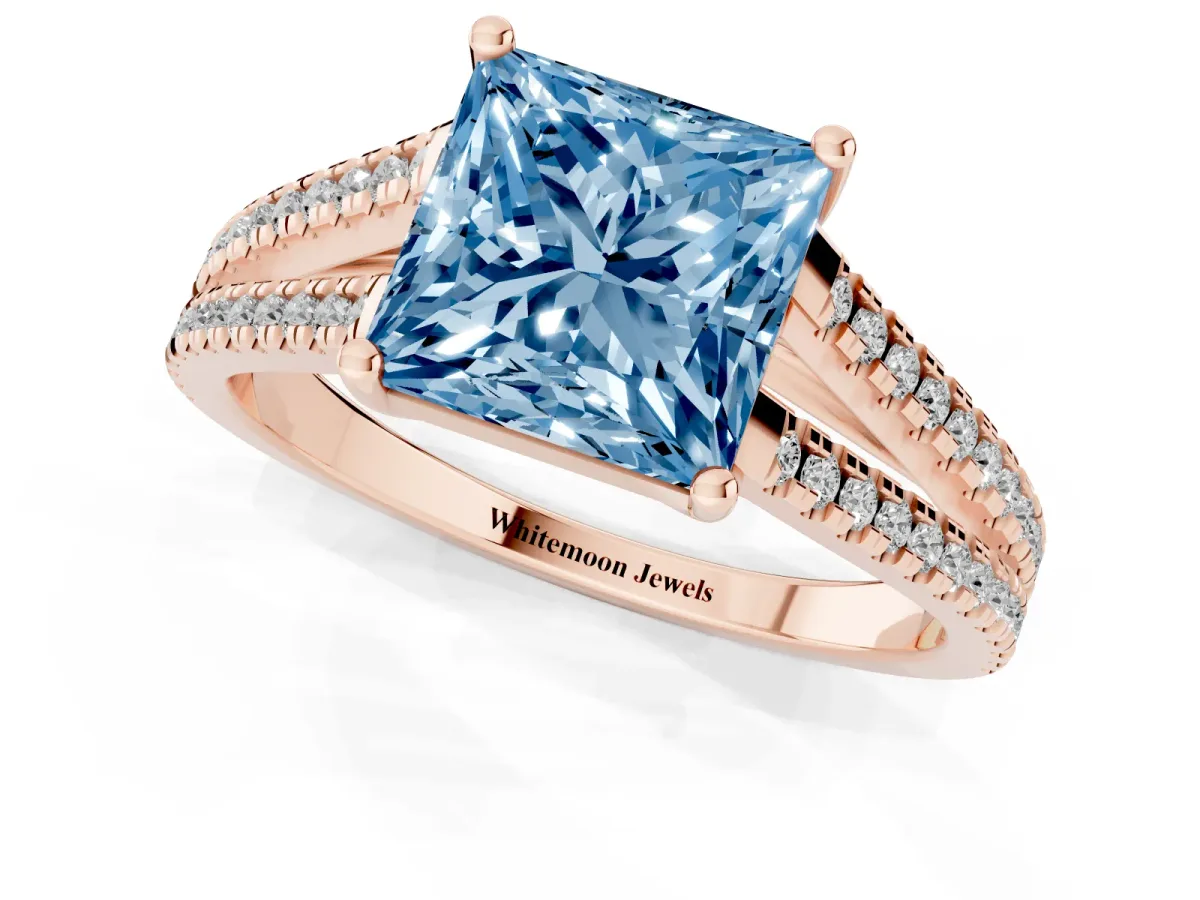 Fancy Blue Princess Cut Diamond Solitaire Engagement Ring with Split Shank Pavé Band Rose gold