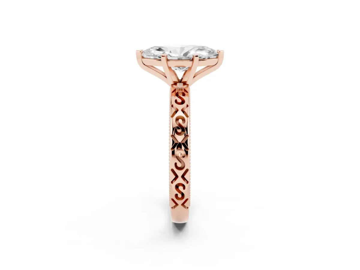 Marquise Cut Solitaire Engagement Ring with Scrollwork Band and Four-Prong Setting Rose gold