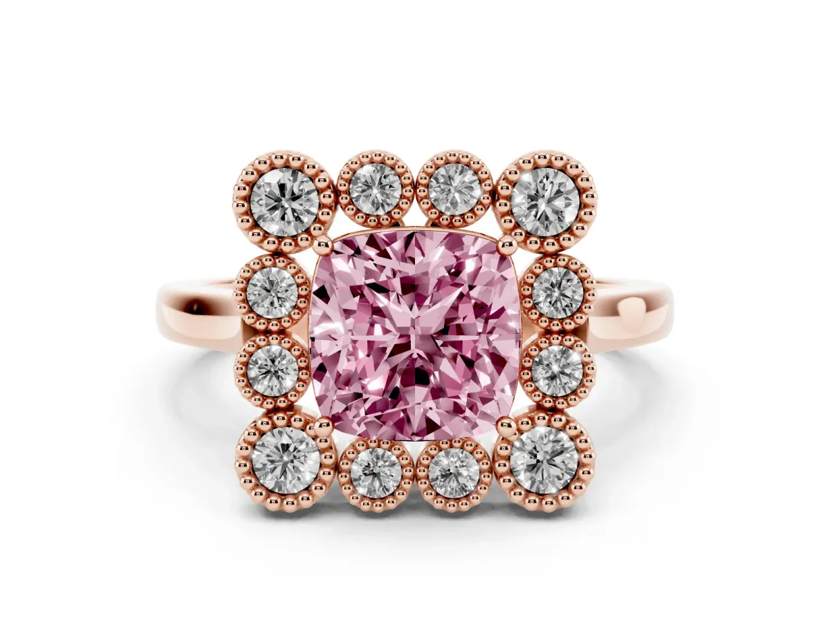 Fancy Pink Cushion Cut Halo Diamond Cluster Engagement Ring with Milgrain Bezel Setting and Solitaire Band Rose gold
