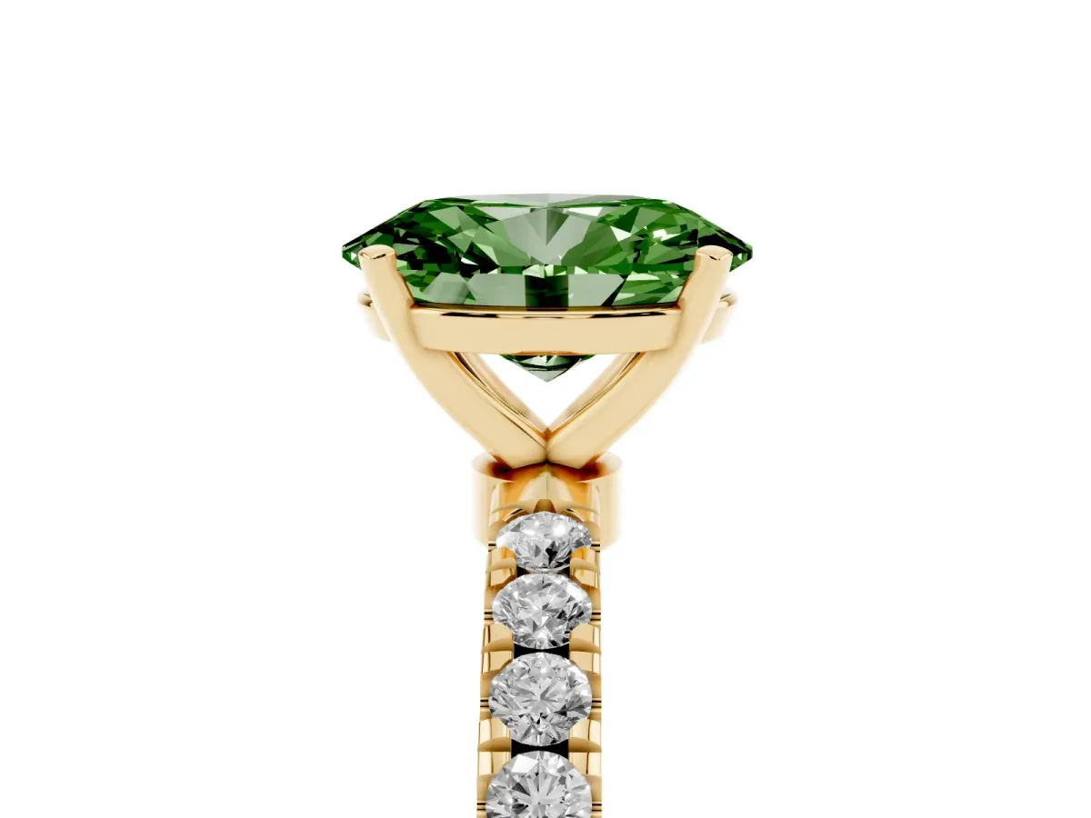 Fancy Green Oval Cut Diamond Solitaire Ring with Pavé Accents and Four-Prong Setting Yellow gold