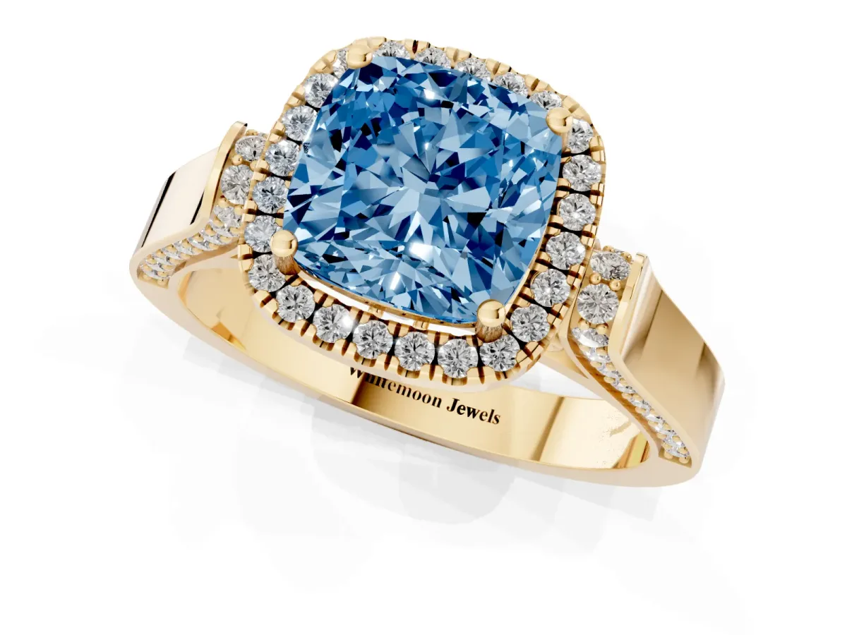 Fancy Blue Cushion Cut Halo Pave Split Shank Prong Setting Ring Yellow gold