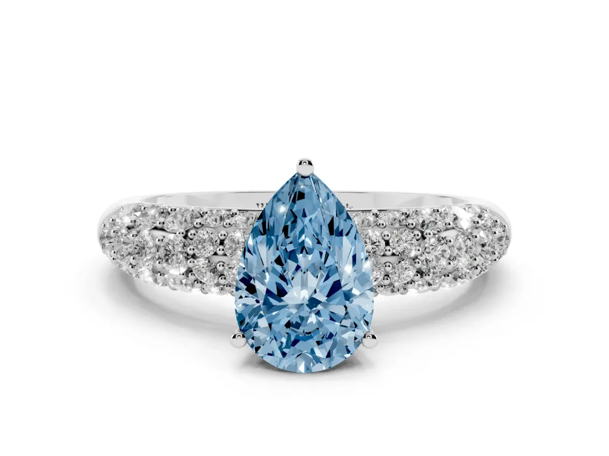 Fancy Blue Pear Cut Diamond Pavé Band Solitaire Ring with Four-Prong Setting Silver
