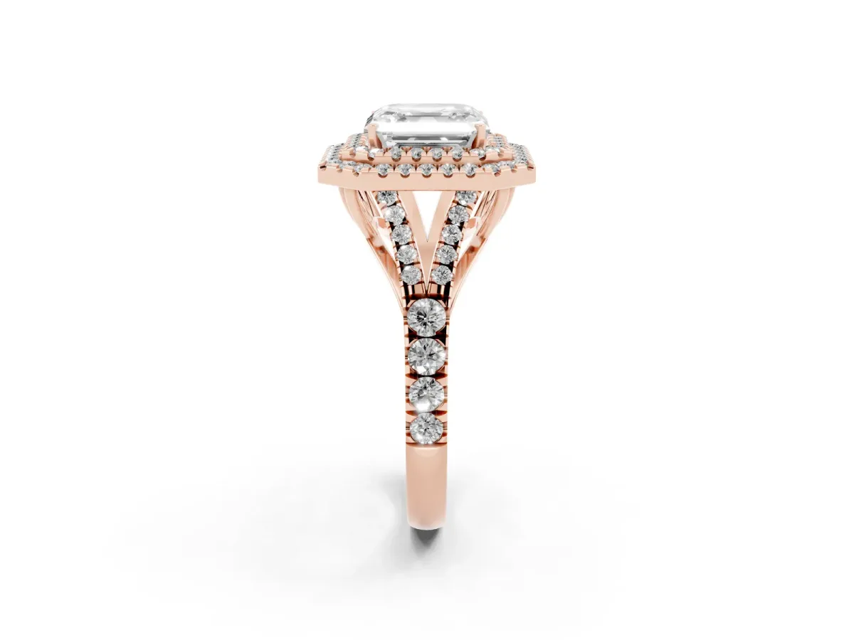 Asscher Cut Diamond Pavé Split Shank Double Halo Engagement Ring Rose gold